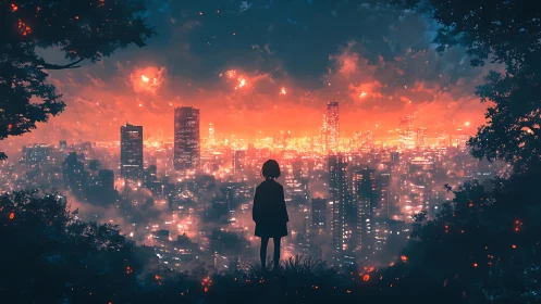 Digital painting of lone silhouette overlooking burning neon cityscape.