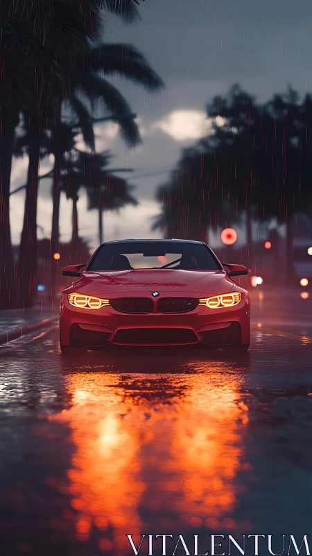 Red sports sedan illuminates rain-soaked boulevard in dusk