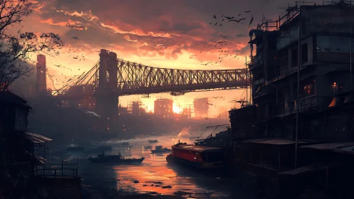 Industrial river bridge at dusk in cinematic digital painting.