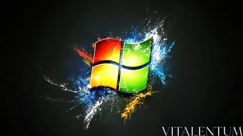 Windows logo with neon splatter effects on dark ground.