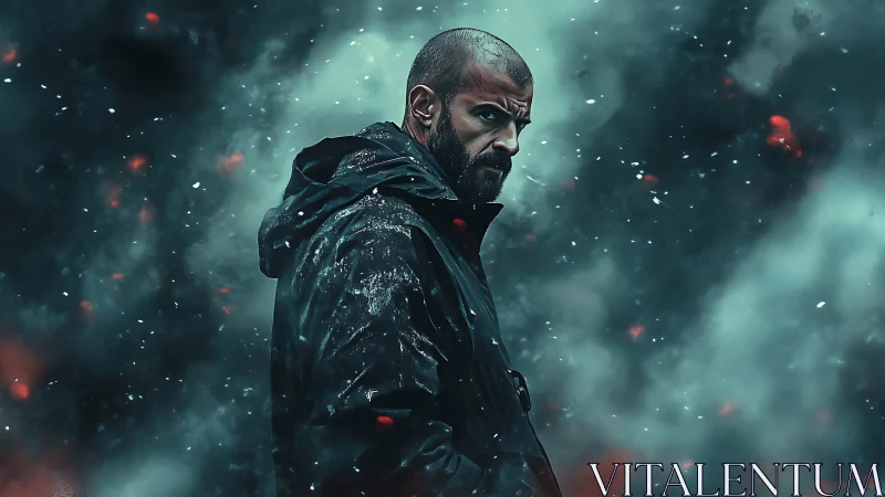 Moody photorealistic portrait in cinematic storm haze.