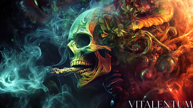 Smoking skull with floral growth in vivid swirling smoke.
