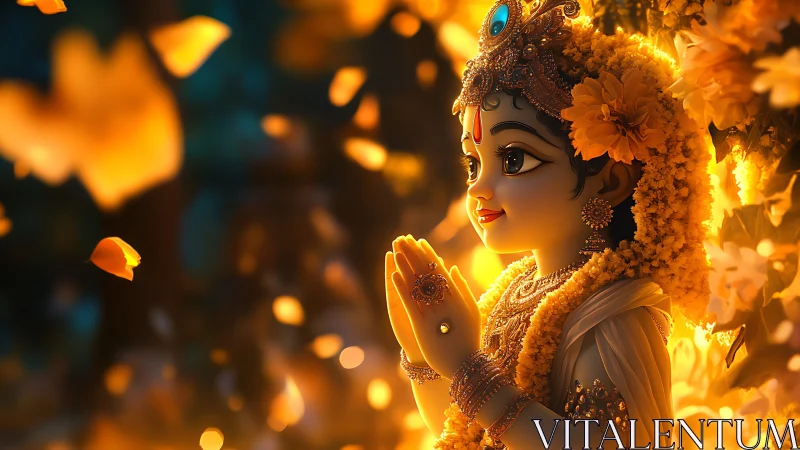 Child deity statue in detailed garlands stands in warm light