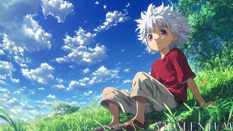 Sky-dreaming kid beneath a cloud-scribbled summer canvas.