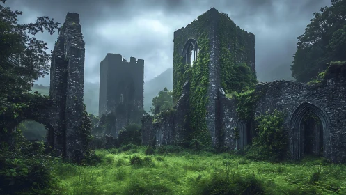 Ruined ivy-covered stone abbey in misty green valley.