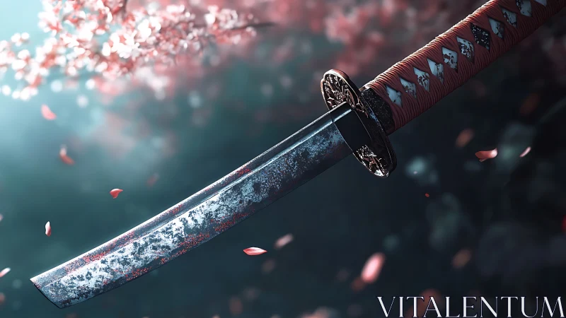 Cherry blossom katana suspended in drifting petals.