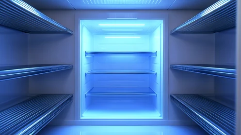 Cool blue refrigerator interior waits calmly for fresh food