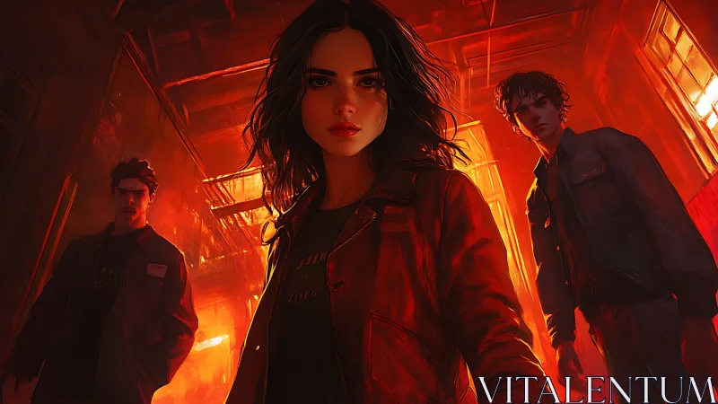 Trio in crimson corridor under cinematic rim lighting.