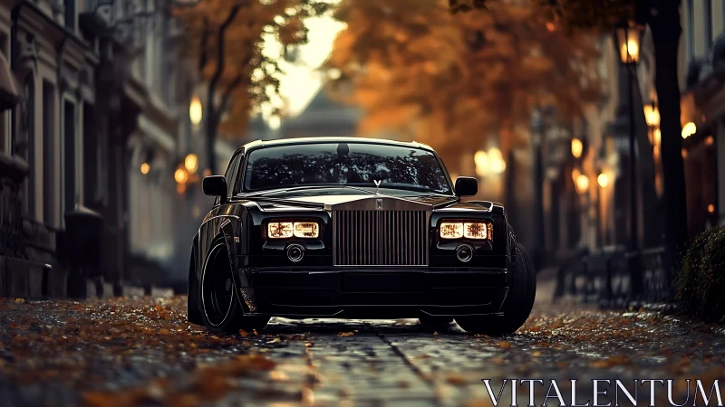 Black luxury sedan is parked on a wet, cobblestone city street