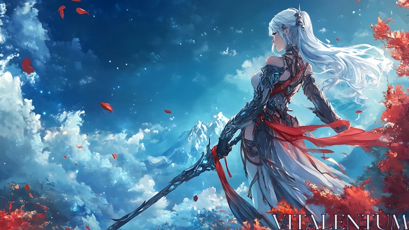 Silver-haired warrior surveys blue sky over scarlet valley