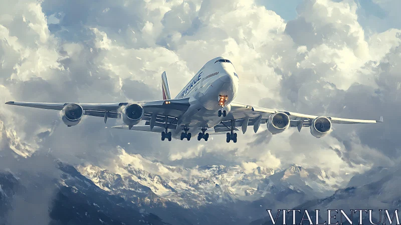 Passenger jet descends through storm-lit clouds above peaks