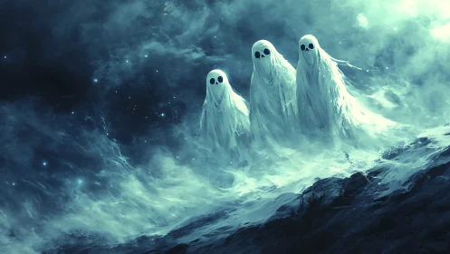 Three spectral ghosts drift over storm-tossed sea. Period.