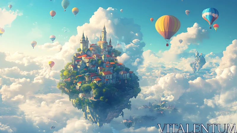 Floating sky city with hot air balloons above clouds.