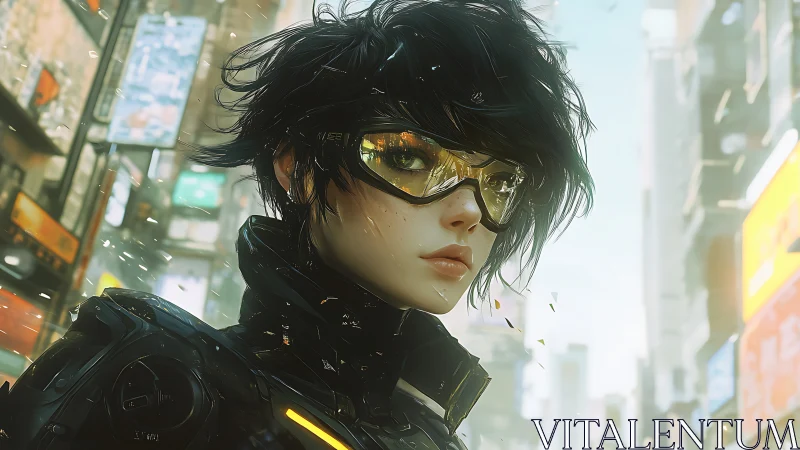 Cybernetic scout amid neon city haze, reflective visor poised.