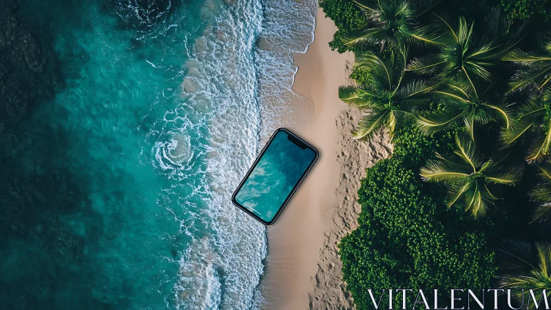 Smartphone on Tropical Beach Shore. Aerial Perspective.