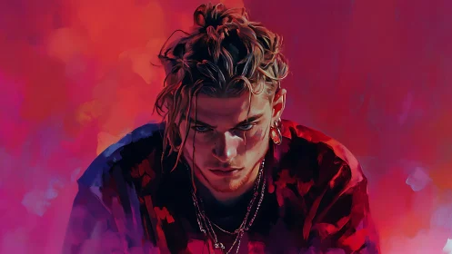 Moody neon portrait captures intense gaze in bold colors.