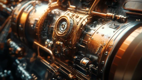 Copper-toned steampunk engine cylinder rendered in 3D detail