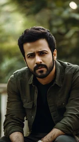 Pensive man in olive shirt under soft forest light.