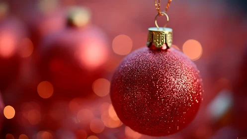 Red glitter ornament with gold cap on defocused lights.