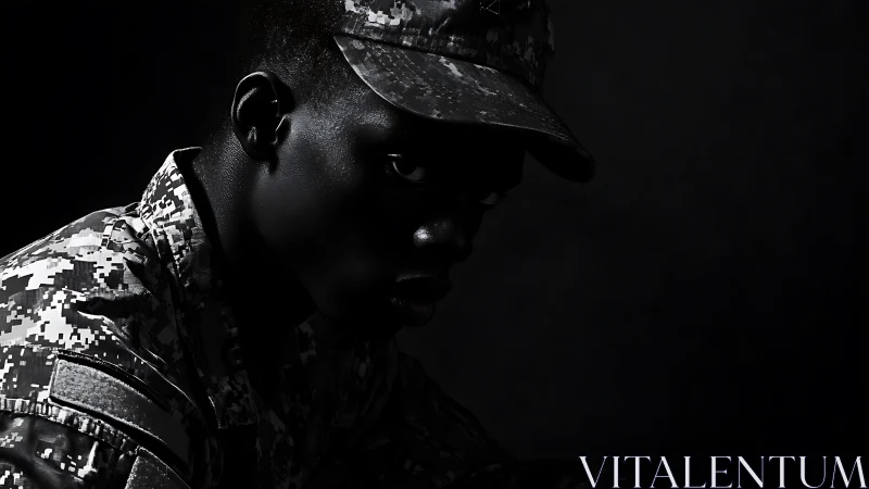 Quiet shadows around a thoughtful soldier in profile.