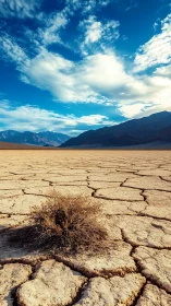 Dry cracked desert plain with lone bush under blue sky.