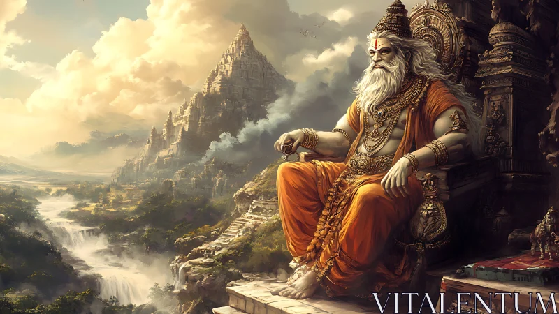 Mountain throne of the serene sage above wandering rivers.