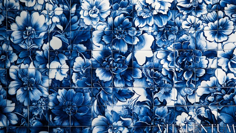 Blue and white floral ceramic tile wall pattern design.