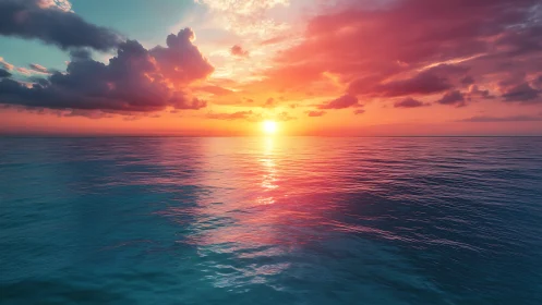 High-saturation ocean horizon at sunset with reflective swell