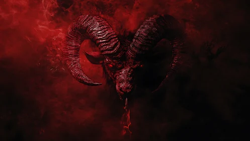 Demonic ram head emerges from swirling crimson smoke.