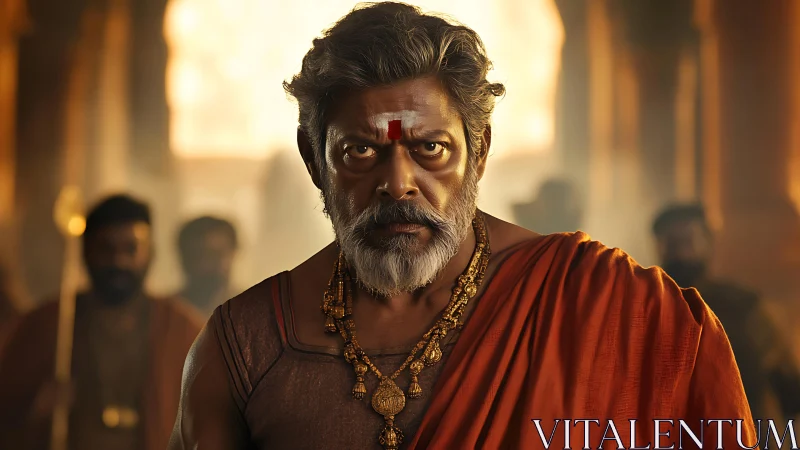 Middle-aged man in traditional attire faces camera indoors