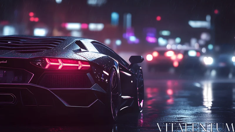 Supercar rear view on wet neon city street at night.