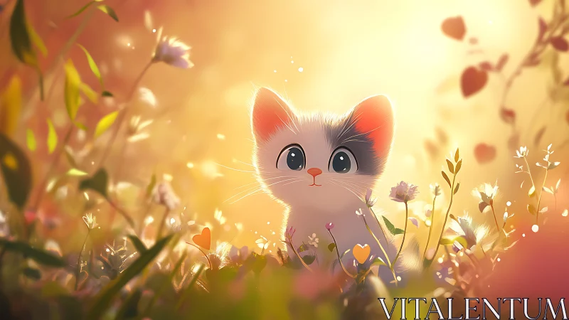 Kitten in Golden Flower Field at Sunset.