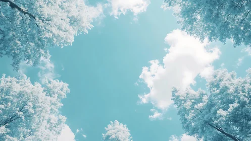 Dreamy Sky Framed by Frosted Trees in Soft Pastel Colors.