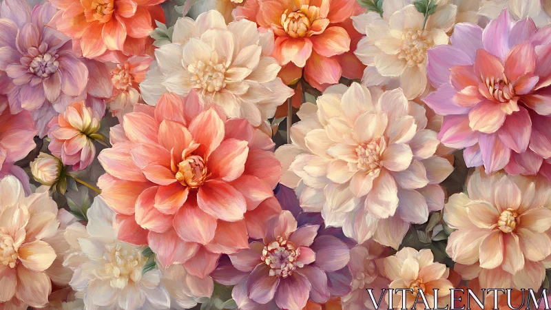 Dense cluster of overlapping dahlia flowers with layered petals