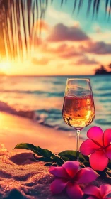 Wine Glass Sunset with Tropical Blooms on Beach.