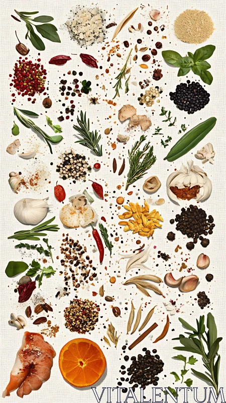Culinary herbs, spices, citrus and garlic arranged on linen