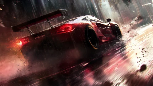 Red GT race car powers through rain-soaked neon street