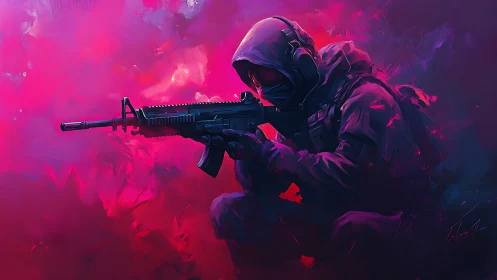 Tactical operator kneeling with carbine in neon magenta fog