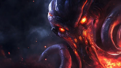 Demonic tentacled warlord emerges from molten inferno.