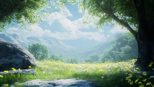 Luminous wildflower meadow framed by sunlit forest edge.