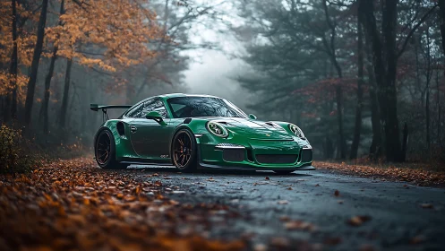 Emerald track-spec coupe on misty forest backroad in autumn.