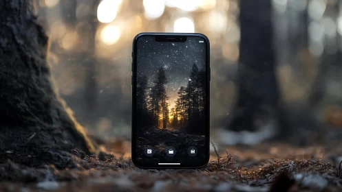 Smartphone Displaying Nocturnal Forest Landscape with Starfield and Emergent Trees