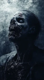 Decayed undead portrait in cold monochrome horror style.