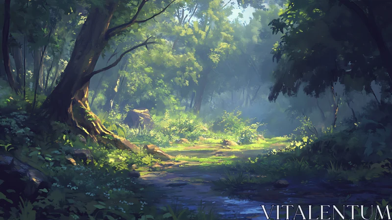 Forest Stream Illuminated Through Mystical Woodland Canopy.