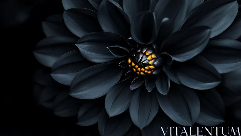 Dark Dahlia with Golden Center Against Black Background.