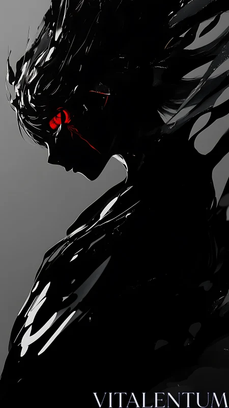 Shadow-wreathed warrior with blazing red, defiant eyes.