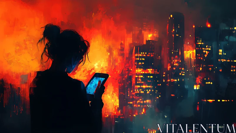 Silhouette with smartphone against illuminated city skyline.