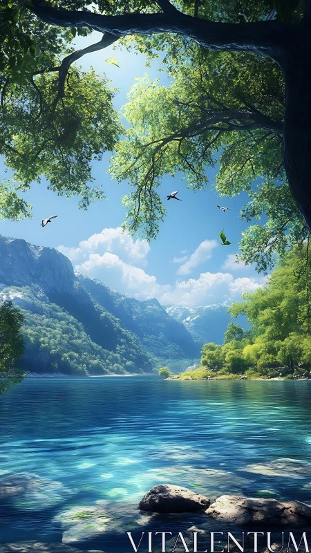 High dynamic range mountain lake with volumetric lighting effects