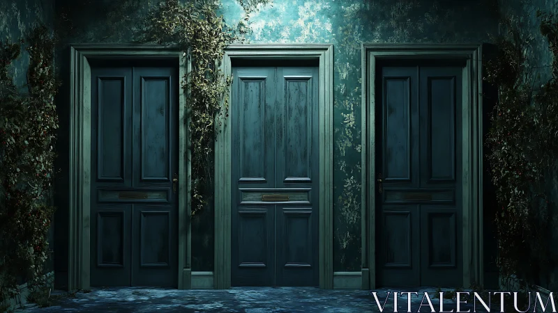 Moody corridor with three teal doors and creeping decay.