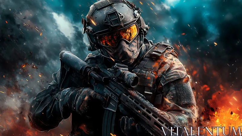 Armored soldier with rifle framed by explosive chromatic clouds